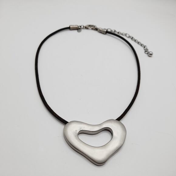 Chico’s Silver Tone Open Heart Pendant Necklace on Leather Cord, 21 Inches - Picture 8 of 8